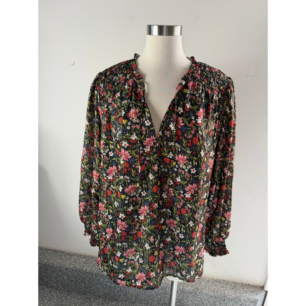Old Navy Womens Plus 2X Floral Smocked Metallic Stripe V Neck Blouse Black Top